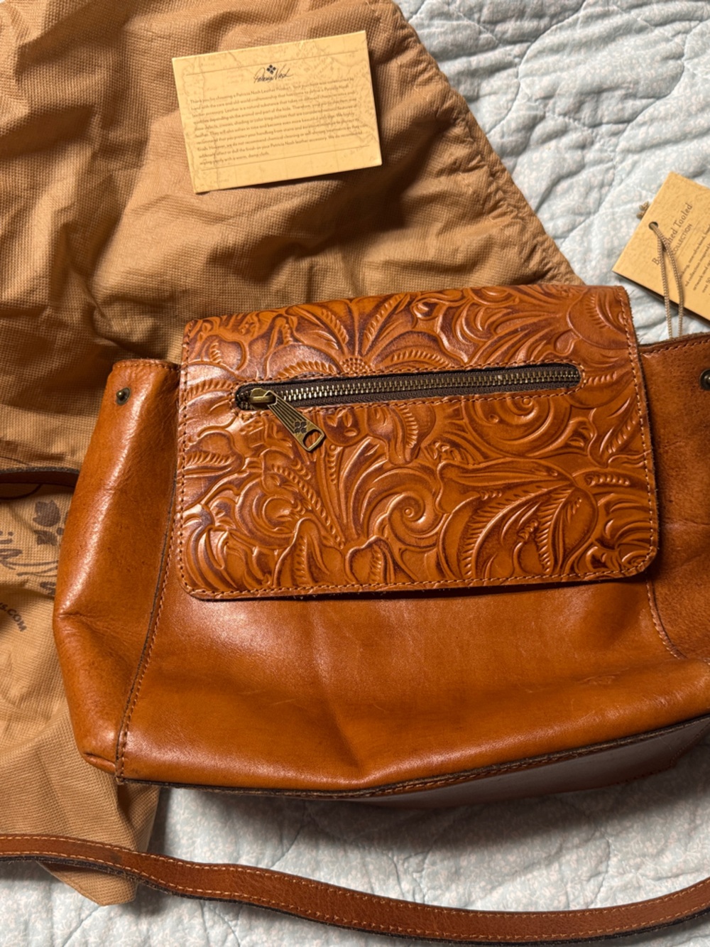 Patricia Nash Tooled Leather Messenger Bag - Cognac Brown